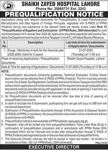 Shaikh Zayed Hospital Lahore Tender Notice